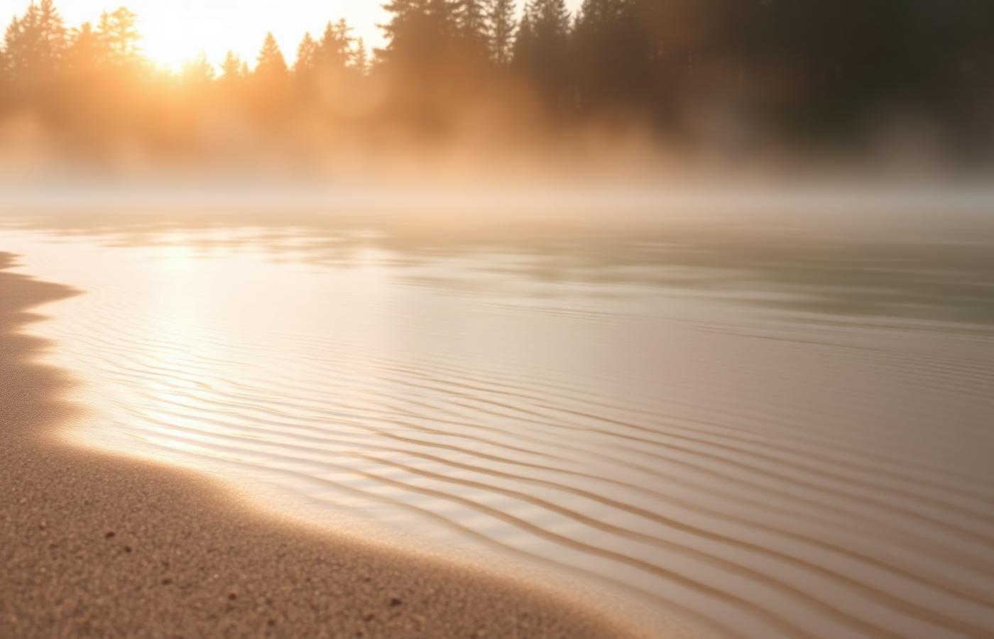 Still water at golden hour with mist over a quiet forest shoreline