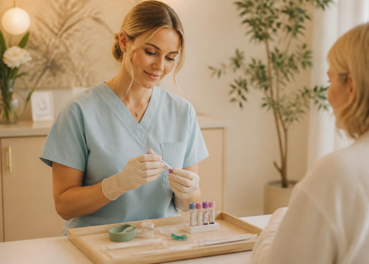 A calm, warm wellness room where a practitioner gently prepares blood collection vials for a specimen draw
